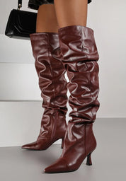 Burgundy high boots with a thin heel