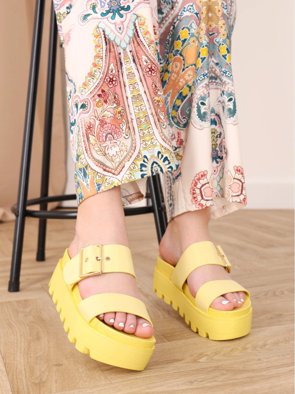 Yellow high platform loafers