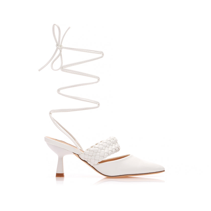 White stilettos with a thin heel