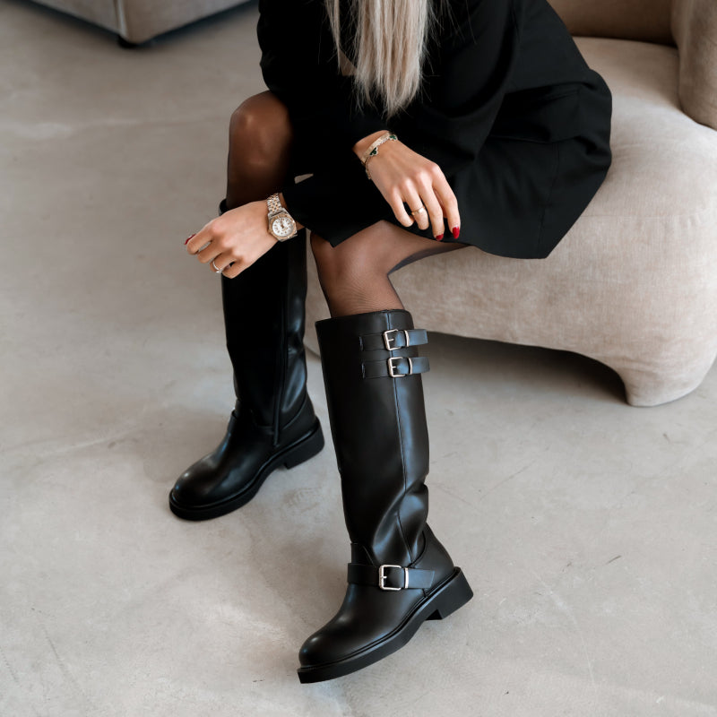 Black knee-high biker boots
