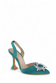 Green stilettos with a thin heel