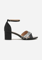 Black sequined block heel sandals