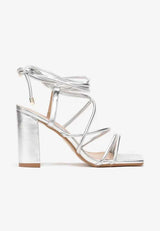 Silver sandals on a thin heel