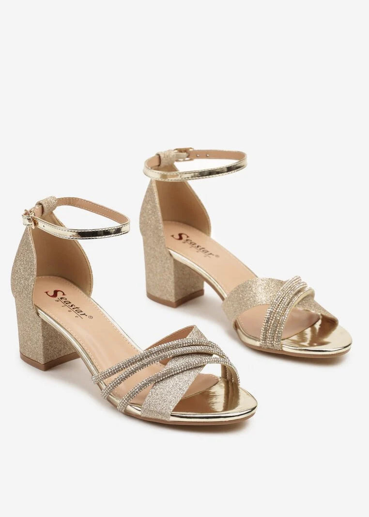Zlatne šljokičaste sandale na blok petu - Cipelice