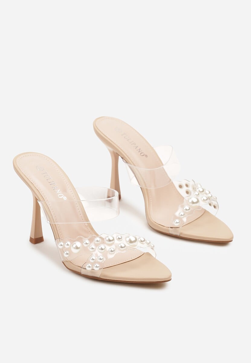 Beige sandals on a thin heel