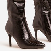 Black croc boots with a thin heel
