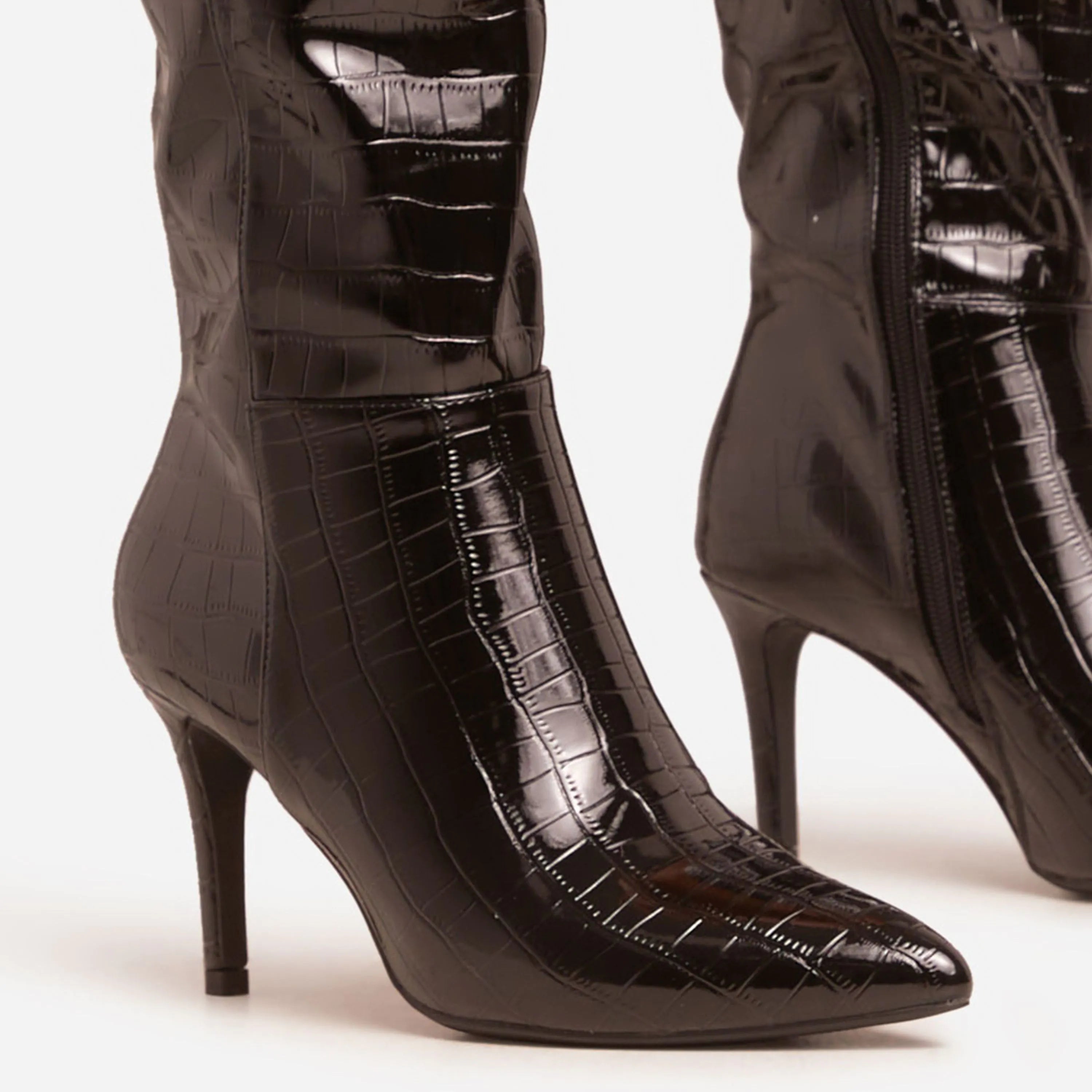 Black croc boots with a thin heel