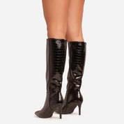 Black croc boots with a thin heel