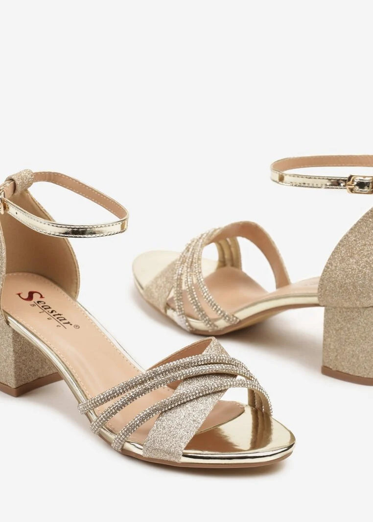 Zlatne šljokičaste sandale na blok petu - Cipelice