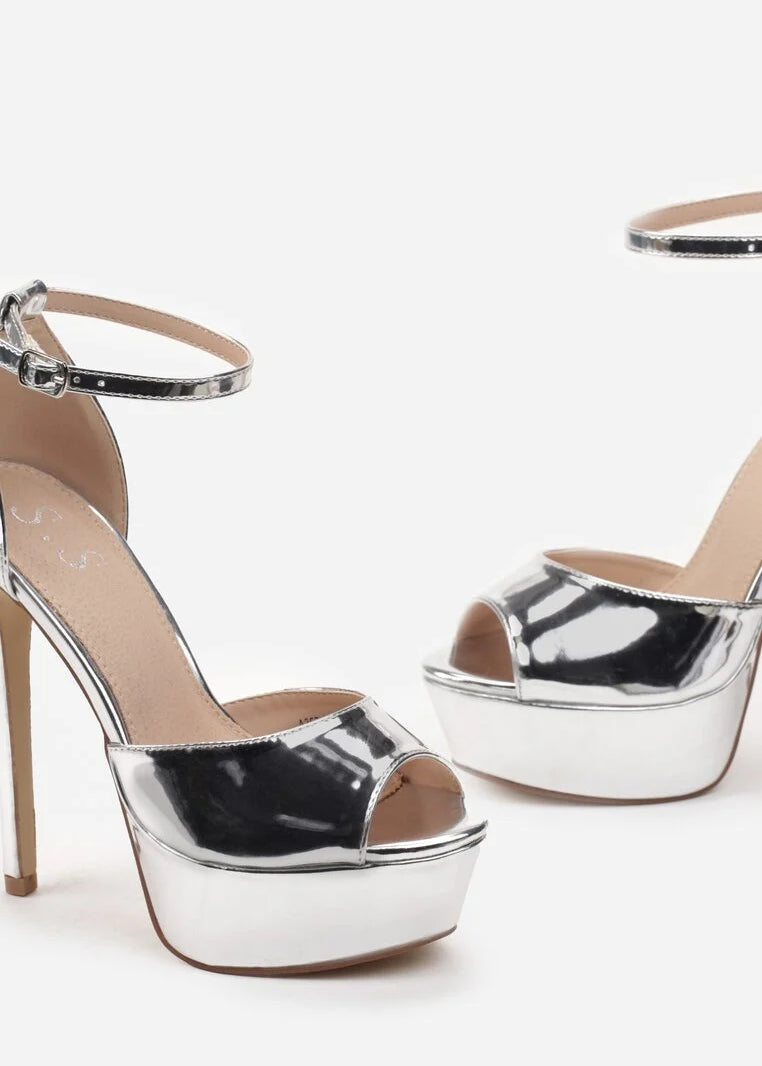 Srebrne sandale s visokom petom i platformom s otvorenim prstima - Cipelice