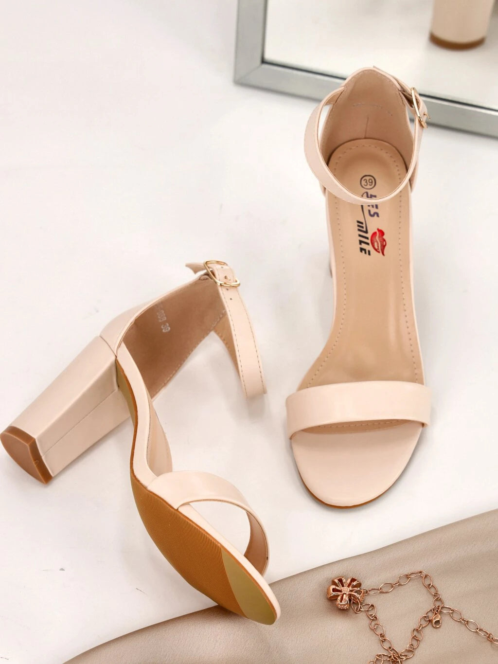 Beige block heel sandals