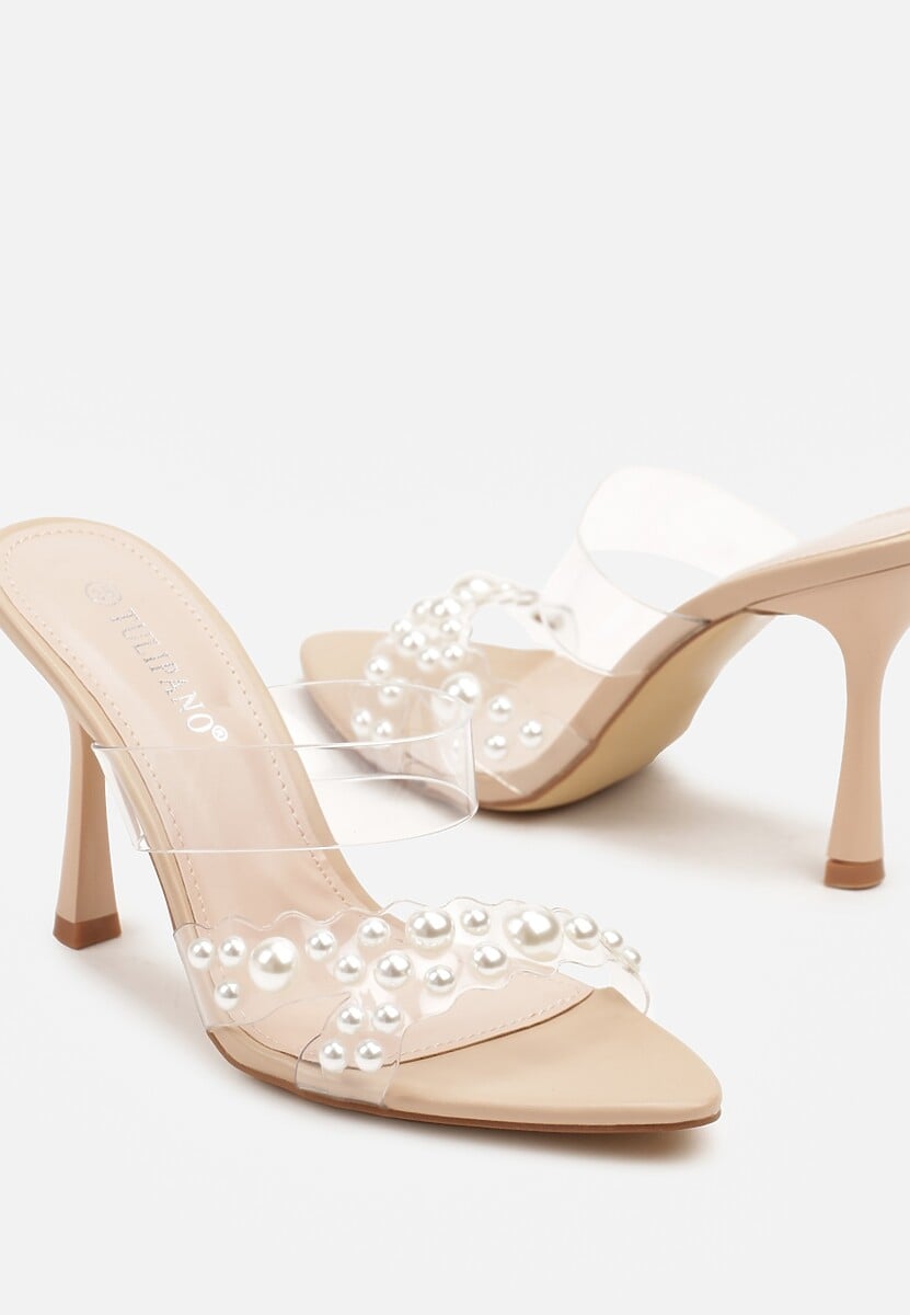 Beige sandals on a thin heel