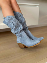 Blue block heel boots