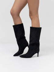 Black polished boots with a thin heel
