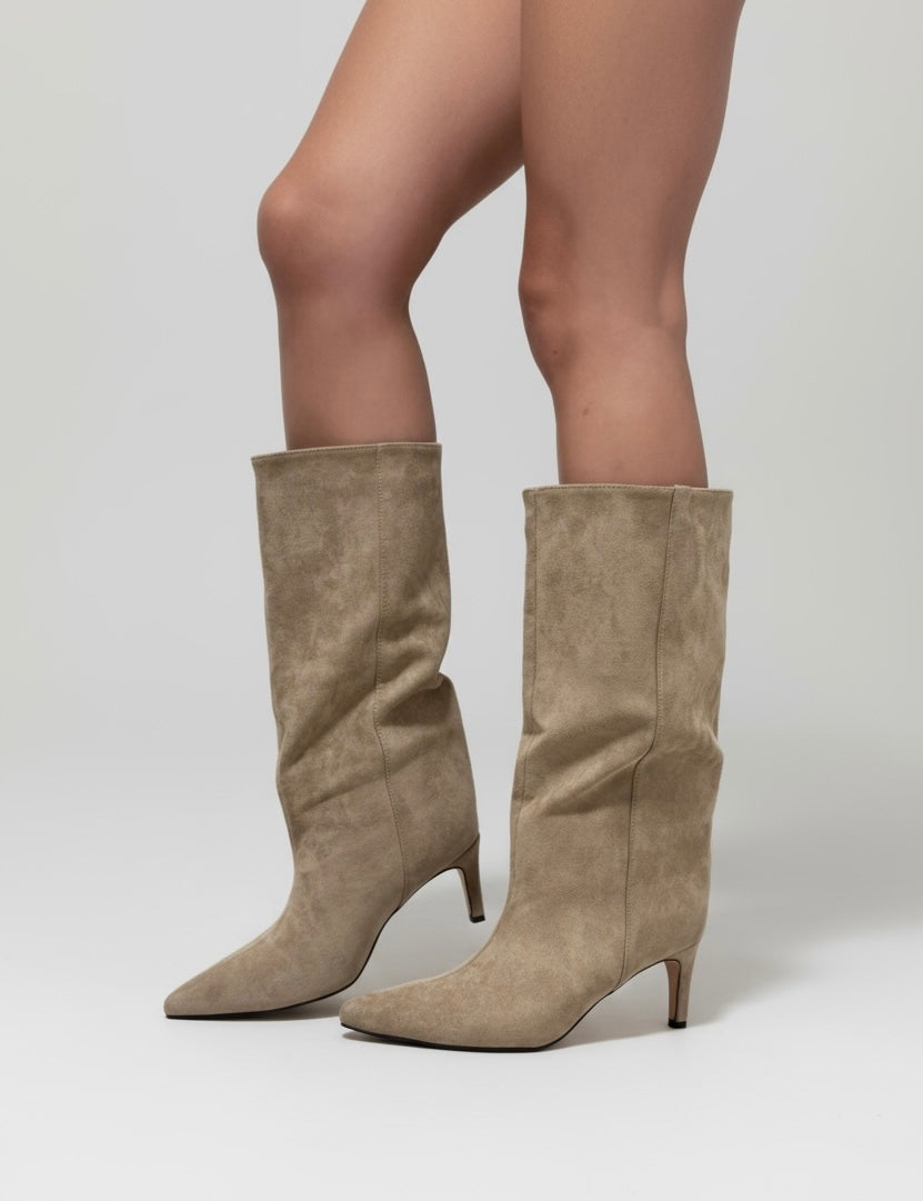 Khaki brushed boots with a thin heel