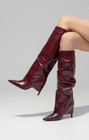 Burgundy boots with a thin heel
