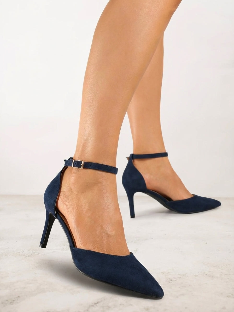Dark blue stilettos with a thin heel