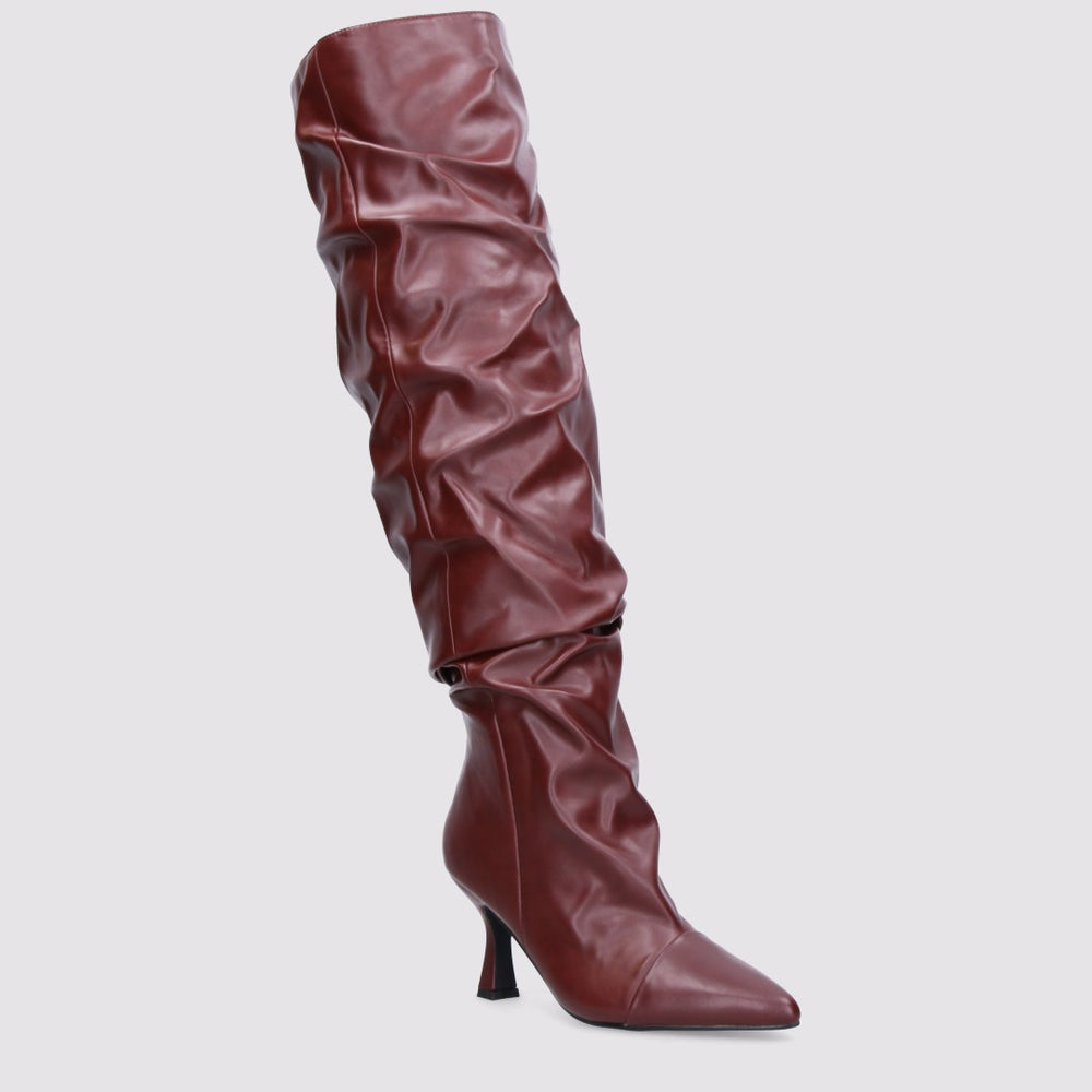 Burgundy high boots with a thin heel