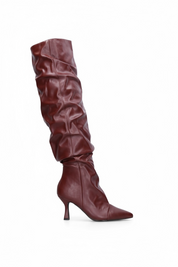 Burgundy high boots with a thin heel