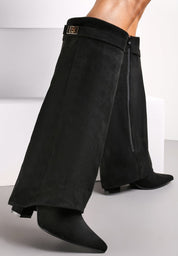 Beige block heel high boots