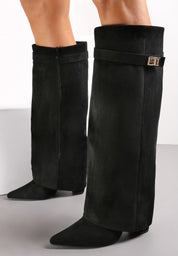 Beige block heel high boots