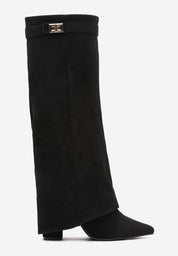 Beige block heel high boots