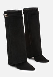 Beige block heel high boots