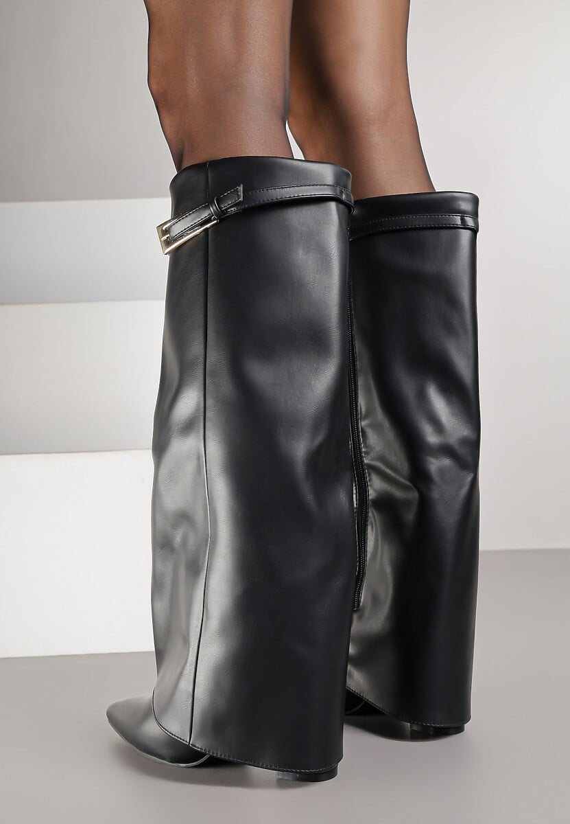 Beige block heel high boots