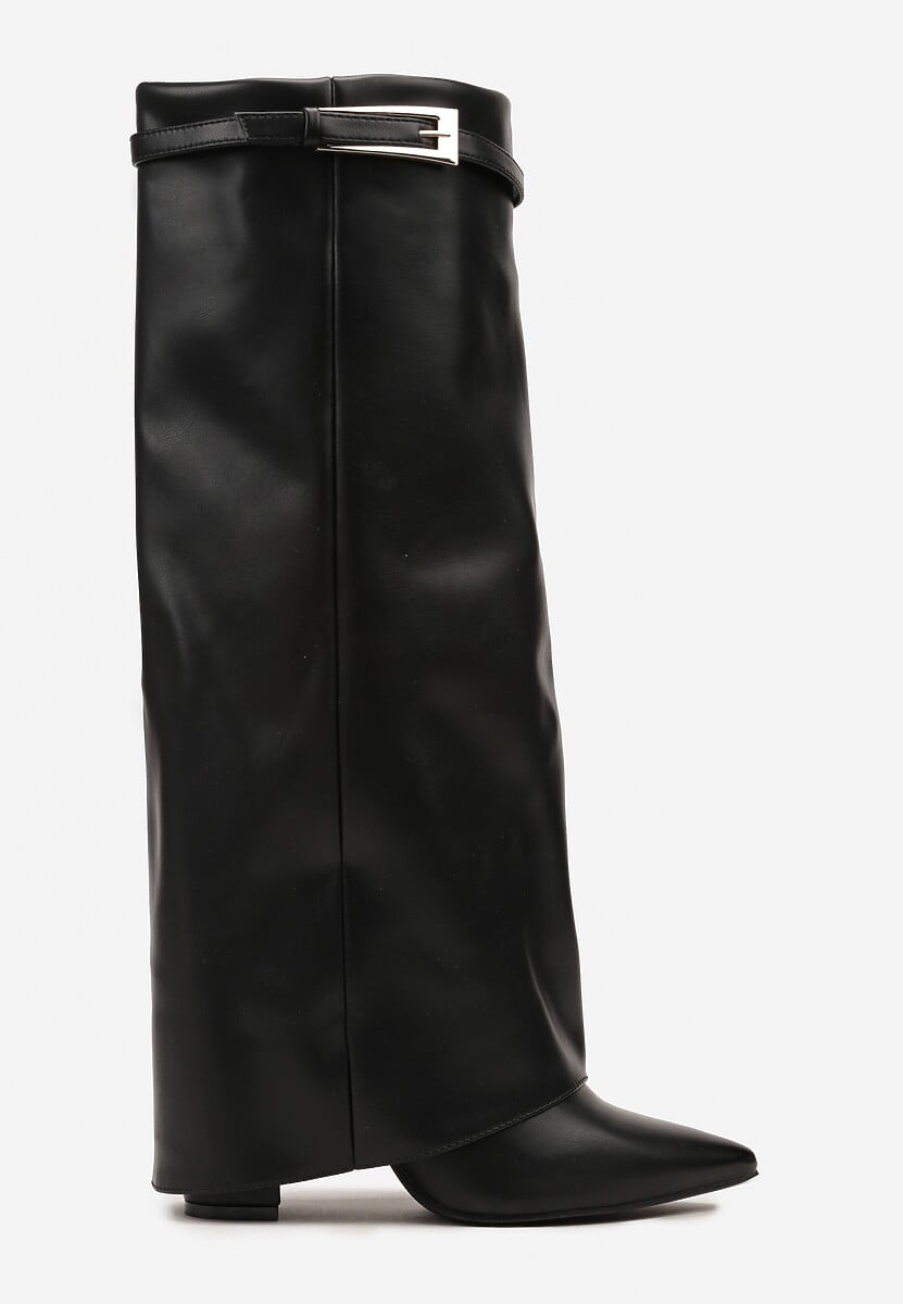 Beige block heel high boots