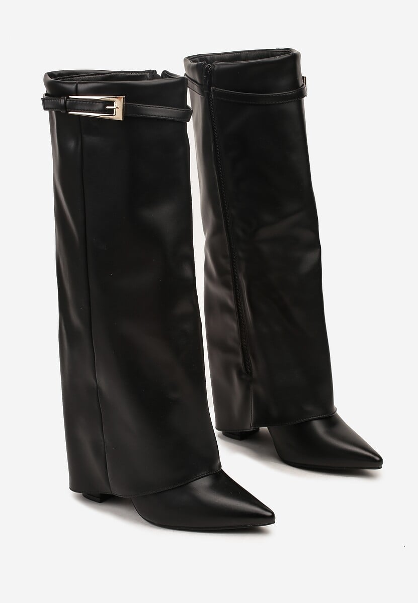 Beige block heel high boots