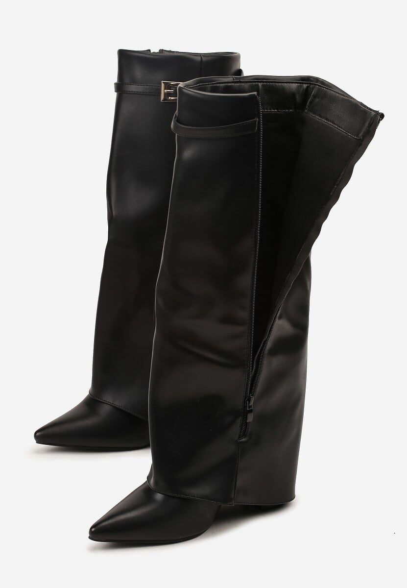 Beige block heel high boots
