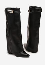 Beige block heel high boots