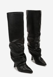 Black pleated boots with a thin heel 
