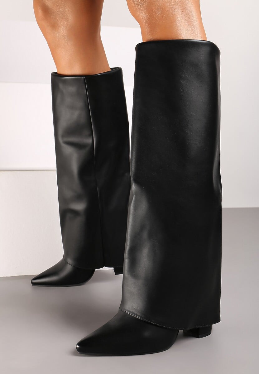 Beige block heel high boots