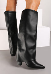 Beige block heel high boots