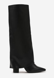 Beige block heel high boots