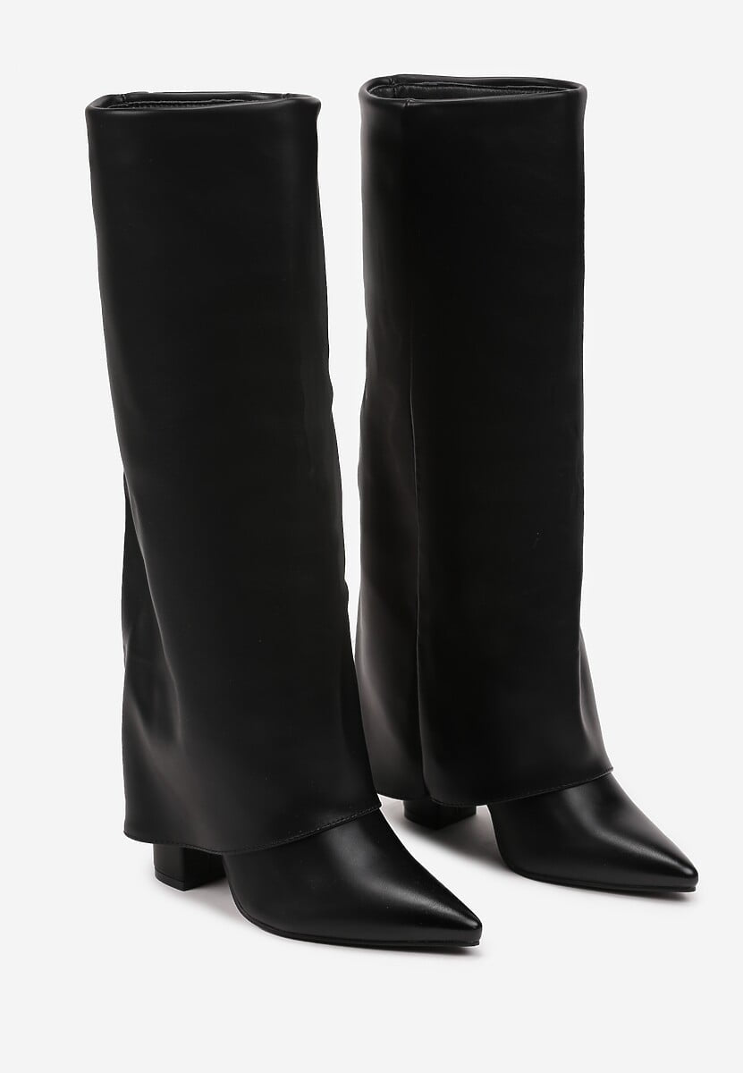 Beige block heel high boots
