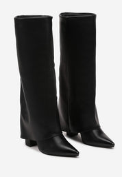 Beige block heel high boots
