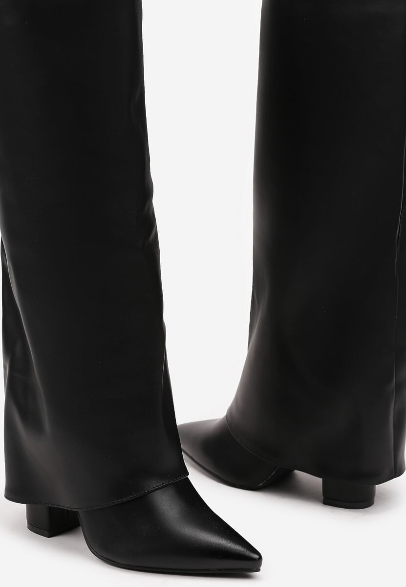 Beige block heel high boots