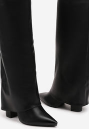 Beige block heel high boots