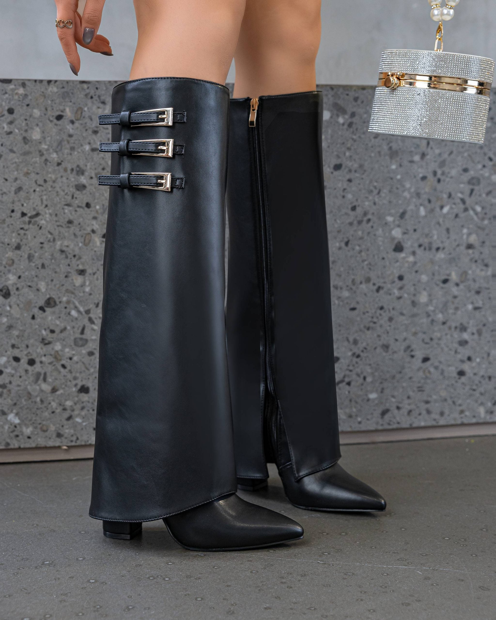 Black block heel high boots