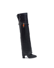 Beige block heel high boots