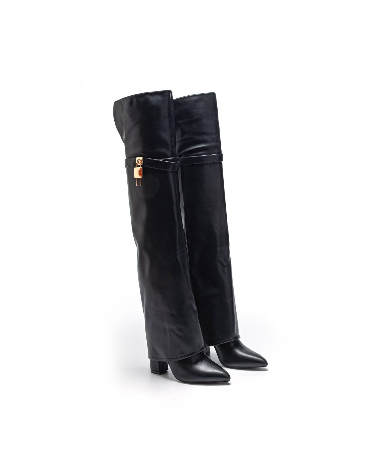 Beige block heel high boots