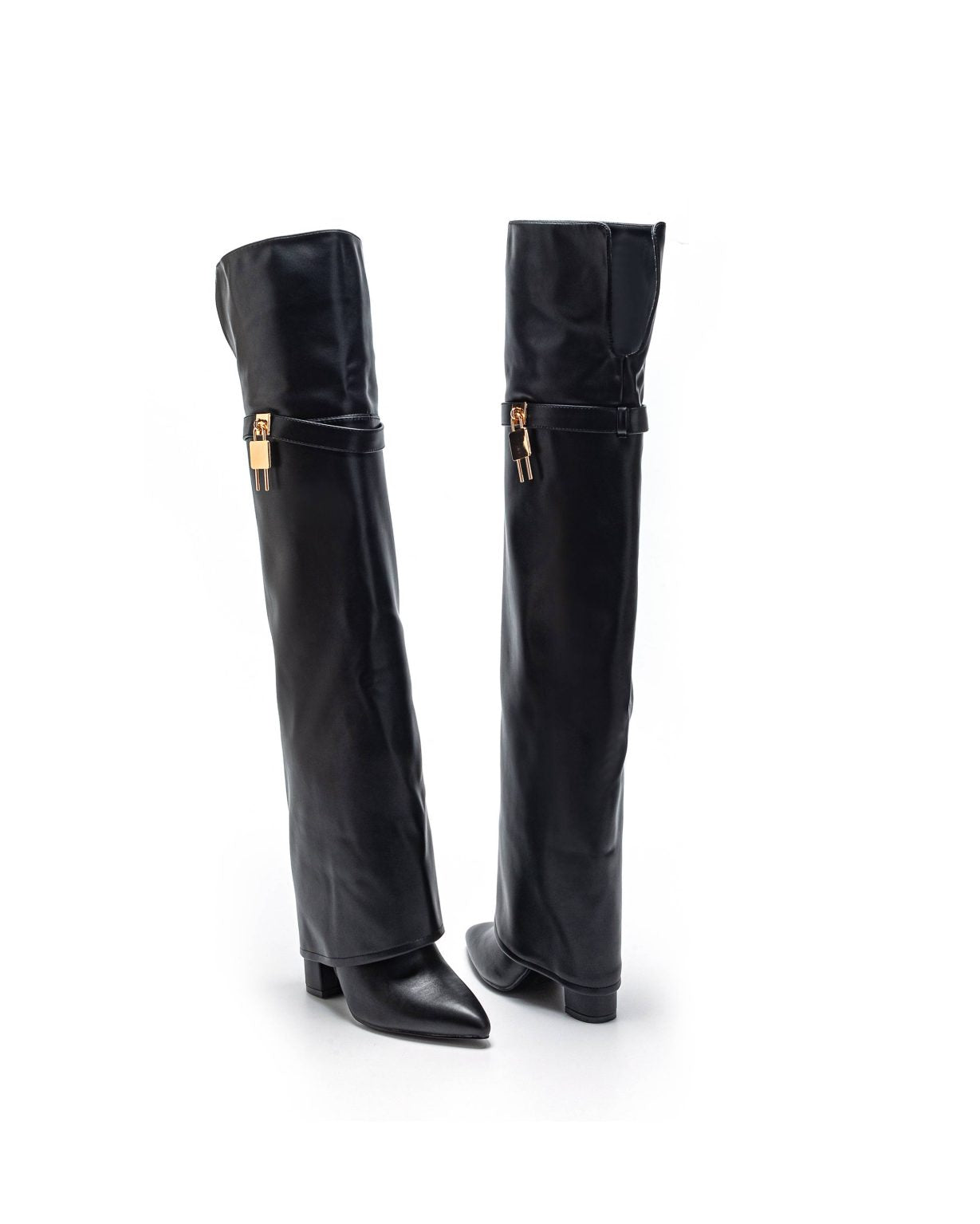 Beige block heel high boots