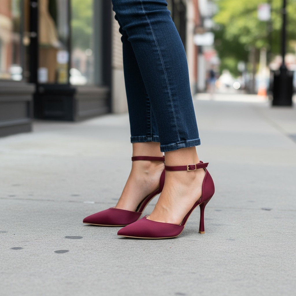 Burgundy stilettos with a thin heel