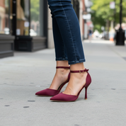 Burgundy stilettos with a thin heel