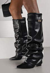 Black pleated block heel boots