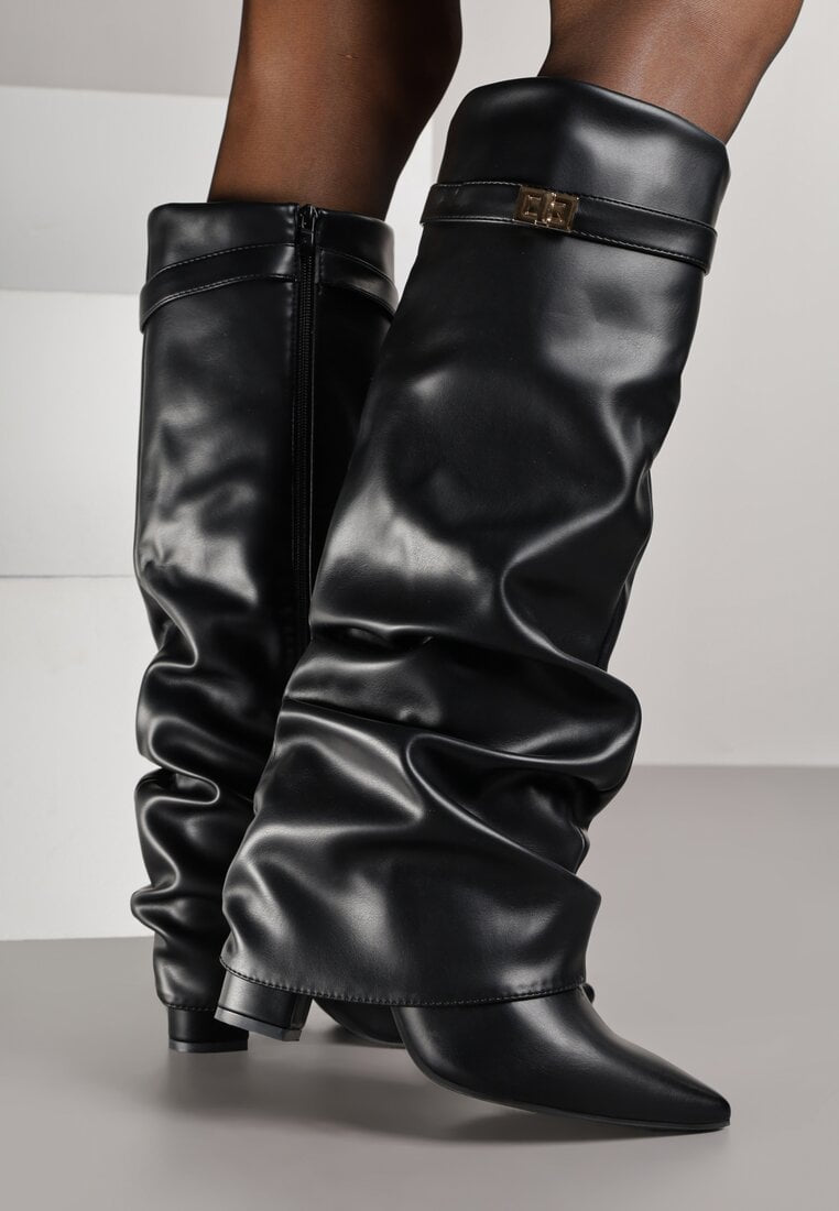 Black pleated block heel boots