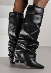 Black pleated block heel boots