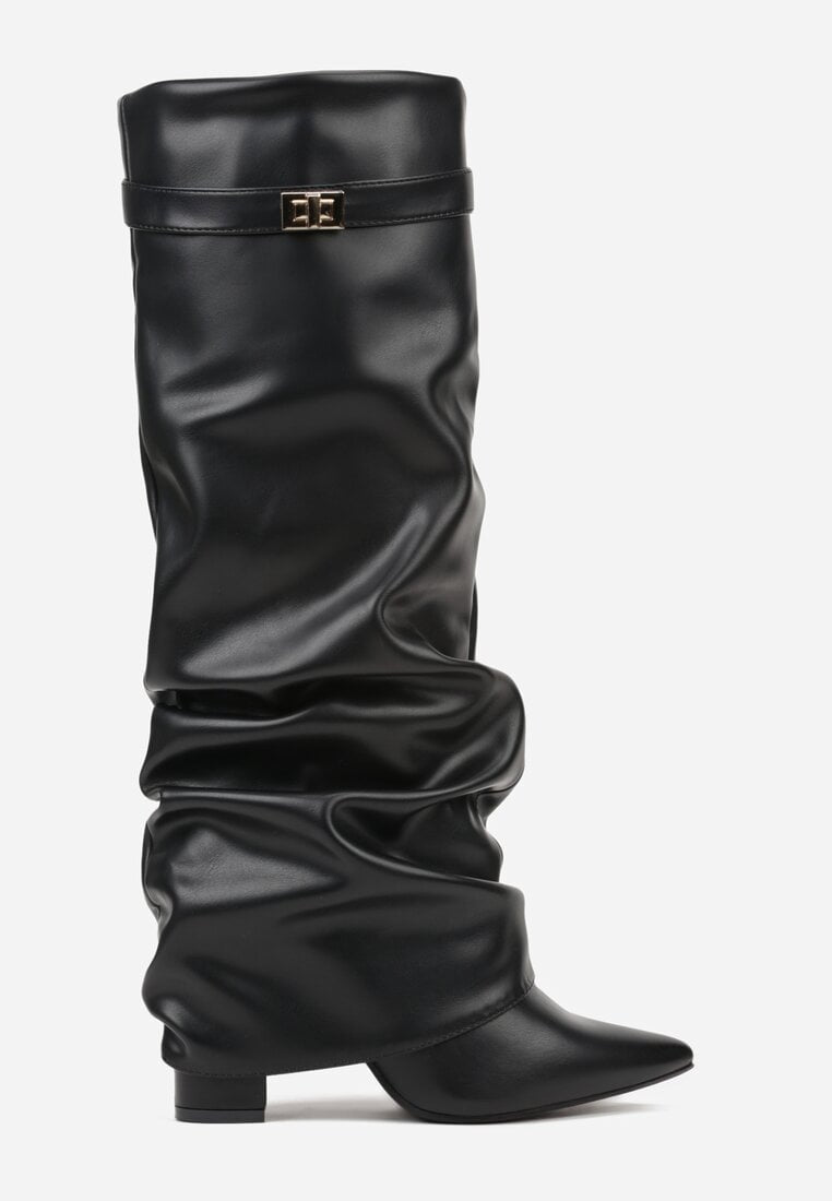 Black pleated block heel boots